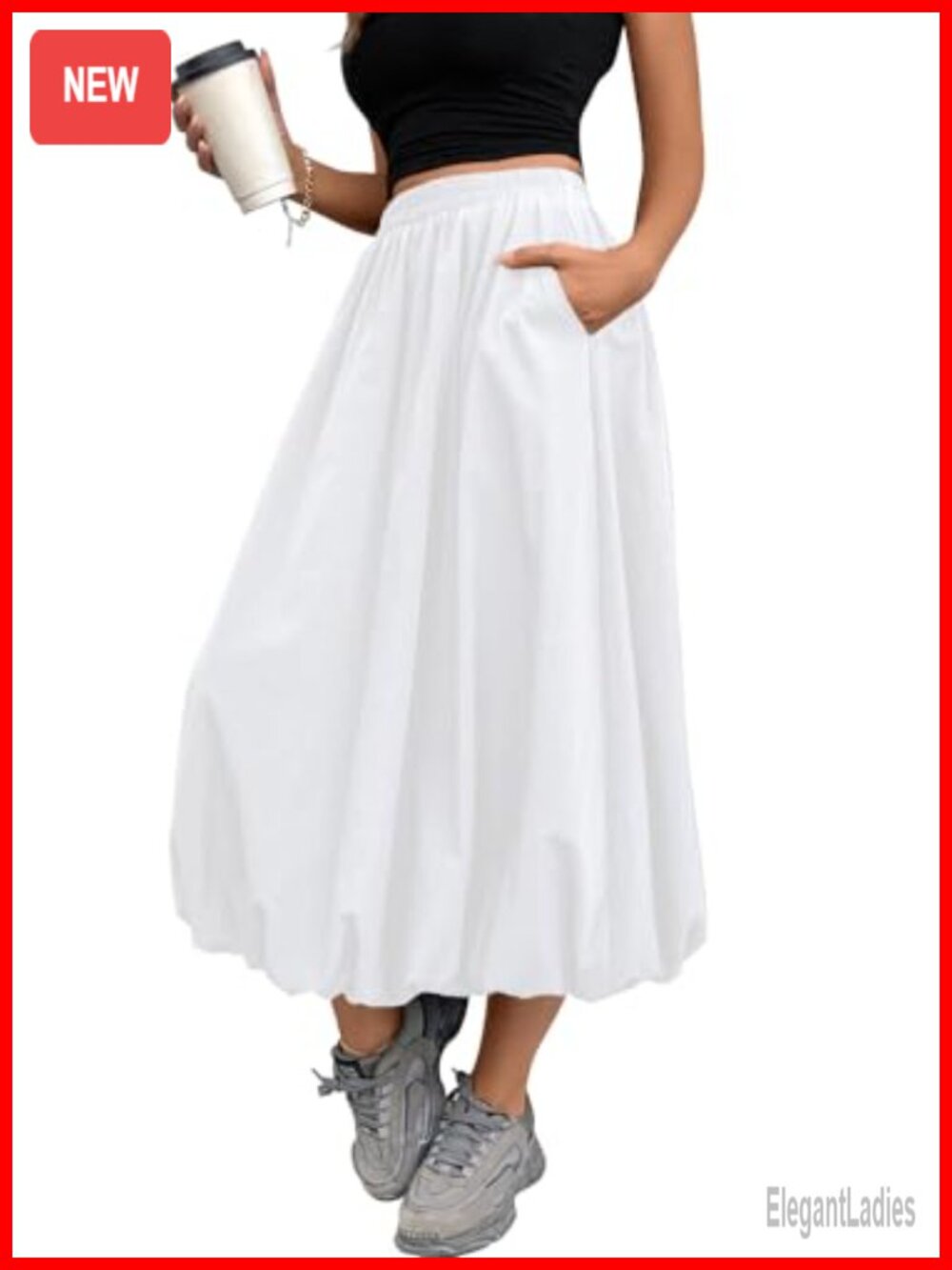 Women's Bubble Skirt Elastic Waist A-line Long Skirt with Pockets